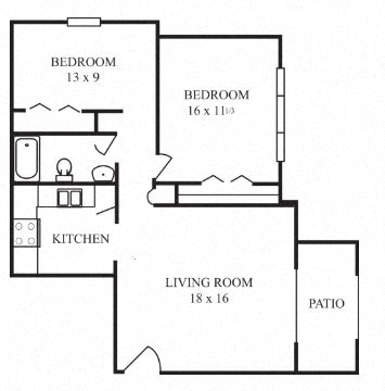 Floor plan for 2 beds, 1 bath, 900 sqft